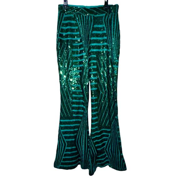 BLENCOT Women's Glitter Sequin High Waist Bell Bottoms Flared Pants Green XL - Picture 2 of 10